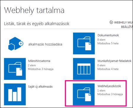 A Webhely tartalma lap egy egyszerű SharePoint Online-webhelyen, kiemelt Webhelyeszközök csempével