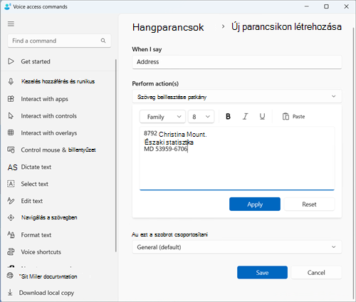 parancsikon létrehozása a Szöveg és médiatartalom beillesztése mezőben kitöltött példacímmel Ez egy példa arra, hogy a Cím shorctcutyként maradjon.