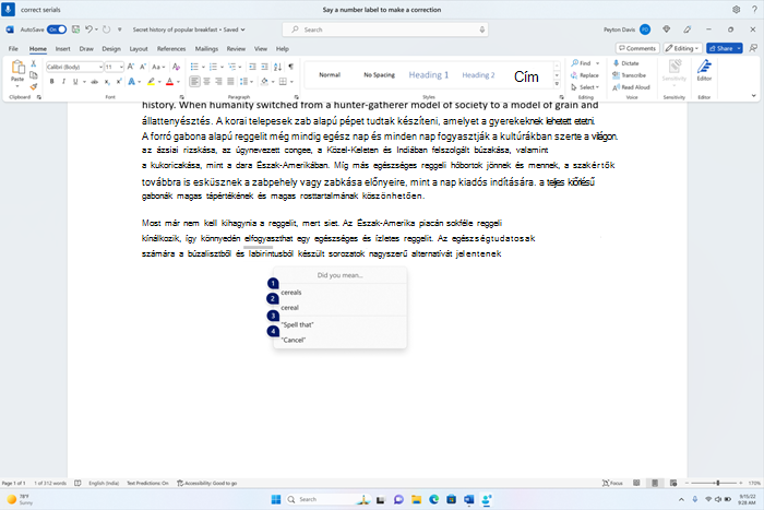 A word-dokumentum a javítási ablakot mutatja a szöveg javaslataival gabonafélékhez.