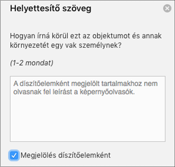 A Megjelölés díszítőelemként jelölőnégyzet bejelölve a Mac Word Helyettesítő szöveg paneljén.