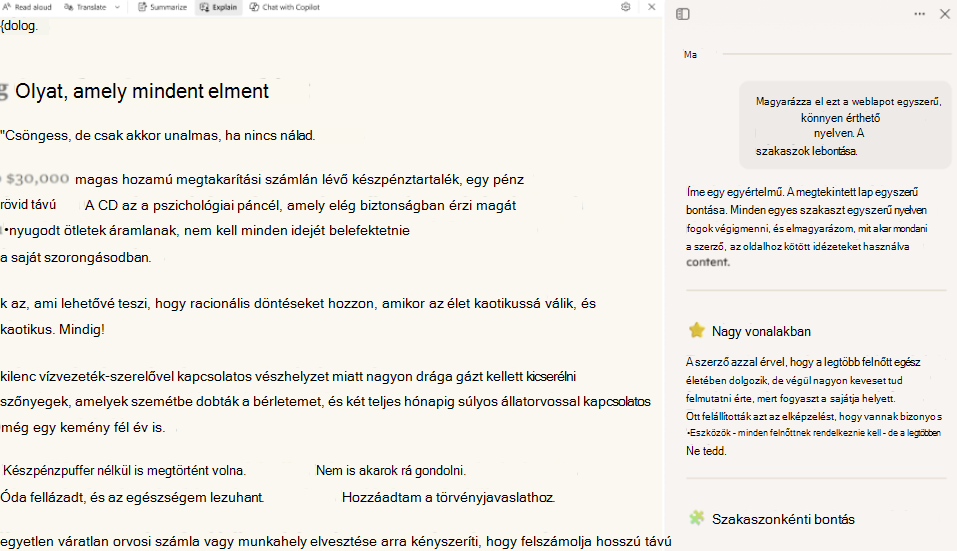 Képernyőkép a readingmode-copilotról.