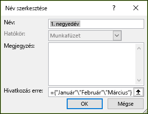 Elnevezett tömbkonstans hozzáadása képletekből Definiált > nevek > Névkezelő > Új