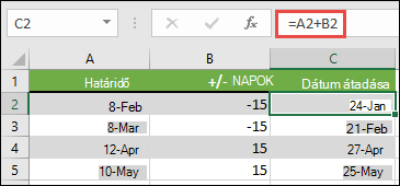 Az =A2+B2 képlettel napokat adhat hozzá egy dátumhoz, vagy kivonhatja belőle azokat, ahol az A2 jelöli a dátumot, a B2 pedig a hozzáadandó vagy kivonandó napok száma.