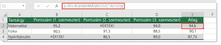 Tömbképlet az ÁTLAG függvényben az #ÉRTÉK! hiba javításához
