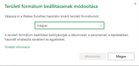 Területi formátum beállításainak módosítása párbeszédpanel