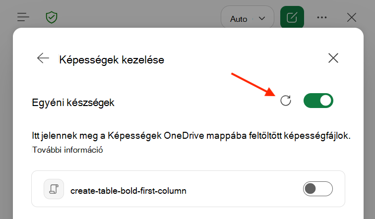 Képernyőkép a Copilot az Excelben Egyéni készségek párbeszédpaneljéről, amelyen a Frissítés gomb ki van emelve.