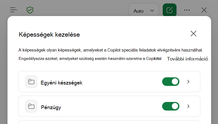 Képernyőkép a Copilot az Excelben Képességek kezelése párbeszédpanelről.
