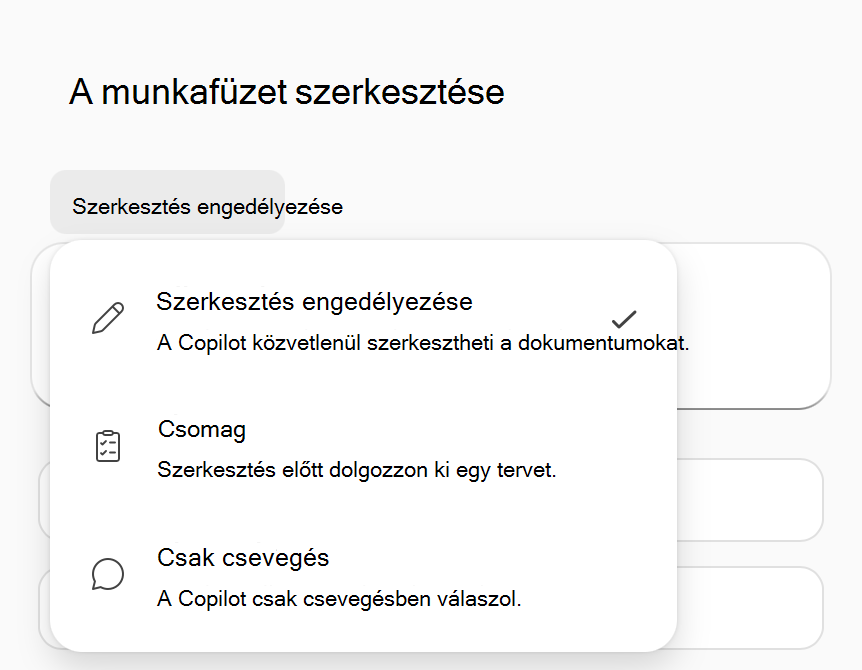 Képernyőkép a Copilot az Excel-módban beállításainak menüjéről.