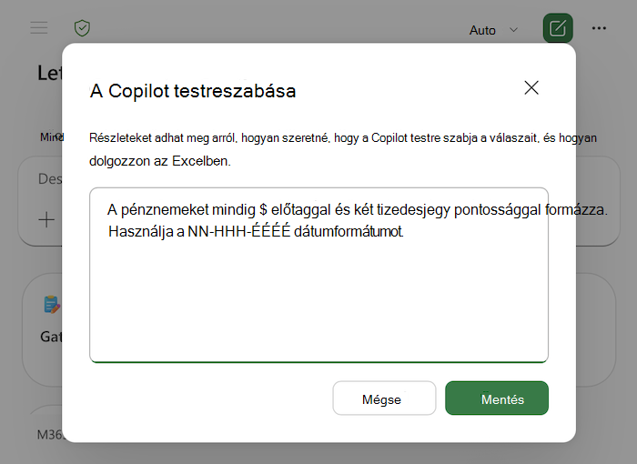 Képernyőkép az Excelben elérhető Copilot személyre szabási párbeszédpaneljéről, példákkal a szöveges területen.