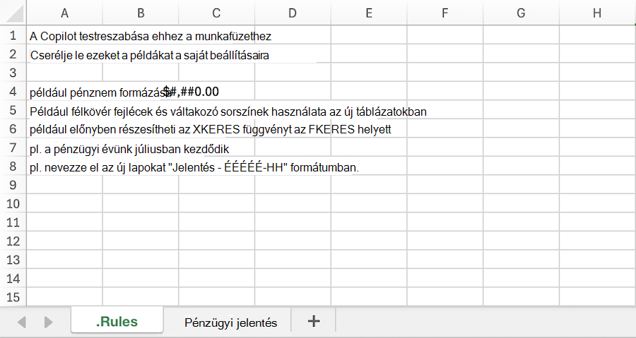 Képernyőkép egy Copilot az Excelben munkafüzetről egy mintával. Szabályok munkalap.