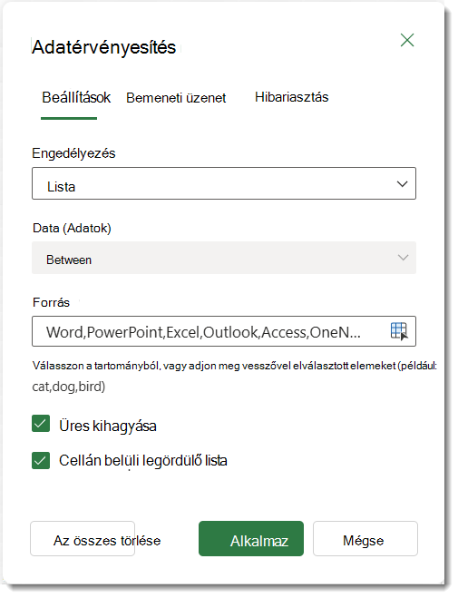 Adatérvényesítési beállítások