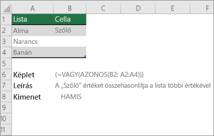 Példa a VAGY és az AZONOS függvények használatával egy érték értéklistával való összehasonlítására