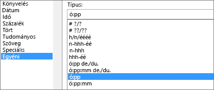 Cellák formázása párbeszédpanel, Egyéni parancs, ó:pp típus