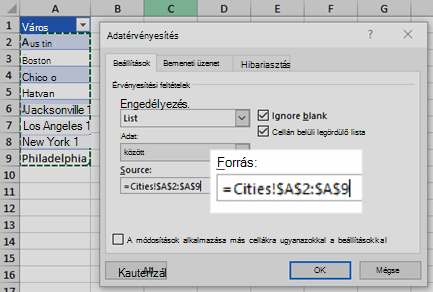 Az adatérvényesítési lista lehetőségei