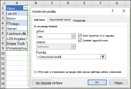 Forrás kiválasztása az Adatok érvényesítése párbeszédpanelen