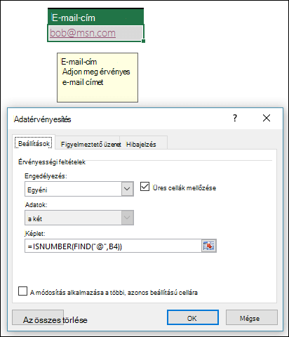 Adatérvényesítési példa annak ellenőrzésére, hogy egy e-mail-cím tartalmazza-e a @ szimbólumot