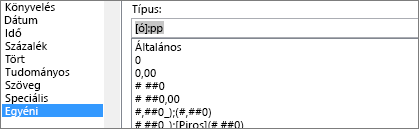 Cellák formázása párbeszédpanel, Egyéni parancs, [ó]:pp típus