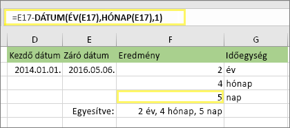 =DÁTUMTÓLIG(D17;E17;md) és az eredmény: 5