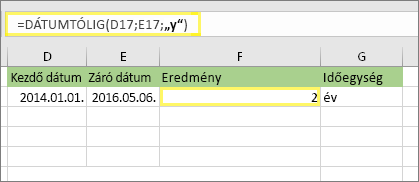 =DÁTUMTÓLIG(D17;E17;y) és az eredmény: 2