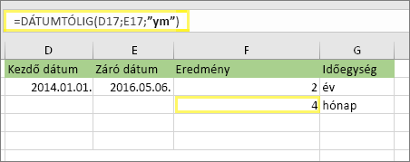 =DÁTUMTÓLIG(D17;E17;ym) és az eredmény: 4