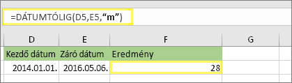 =DÁTUMTÓLIG(D5;E5;m) és az eredmény: 28