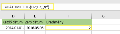=DÁTUMTÓLIG(D2;E2;y) és az eredmény: 2
