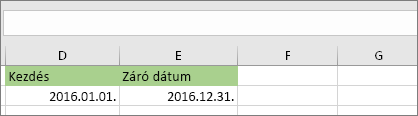 D53 cellában a kezdő dátum 2016.01.01., a záró dátum az E53 cellában 2016.12.31