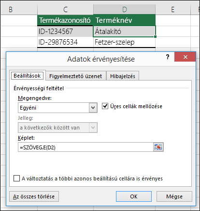 2. példa: Adatérvényesítésben használt képletek