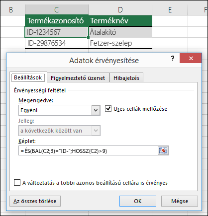 6. példa: Adatérvényesítésben használt képletek