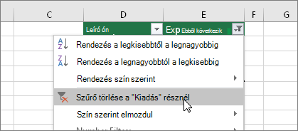 Szűrő menü, Szűrő törlése ...