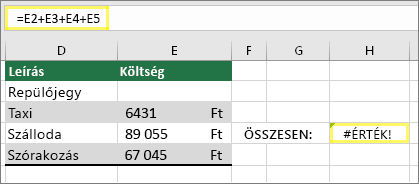 H4 cella az =E2+E3+E4+E5 képlettel és a #VALUE eredménnyel!