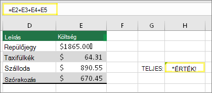 H4 az =E2+E3+E4+E5 képlettel és a #VALUE eredménye!