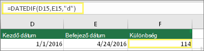 D15 cella a 2016.01.01. dátummal, E15 cella a 2016.04.24. dátummal, illetve F15 cella a =DÁTUMTÓLIG(D15;E15;d) képlettel és a 114 eredménnyel
