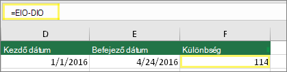 D10 cella a 2016.01.01. dátummal, E10 cella a 2016.04.24. dátummal, F10 cella az =E10-D10 képlettel és a 114 eredménnyel