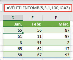 VÉLETLENTÖMB függvény a Min, a Max & az egész szám argumentummal