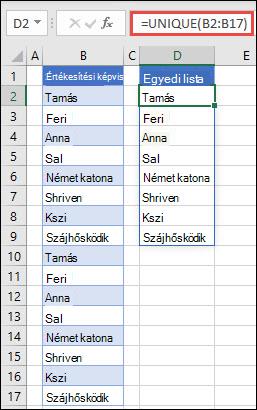 Névlista rendezéséhez használt EGYEDI függvény