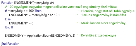 Példa megjegyzéseket tartalmazó VBA-függvényre