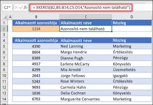 Példa az XKERES függvényre, amellyel egy alkalmazott neve és részlege visszaadható az alkalmazott azonosítója alapján a if_not_found argumentummal. A képlet a következő: =XKERES(B2;B5:B14;C5:D14;0,1;Alkalmazott nem található)