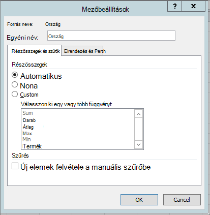 Részösszegek & Szűrők lap a Mezőbeállítások párbeszédpanelen