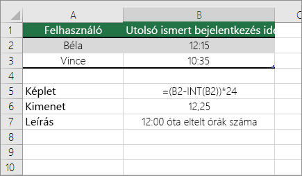 Példa: Az órák átalakítása normál időformátumról decimális számmá
