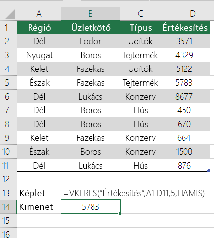 Példa a VKERES függvény pontos egyezést kereső képletére