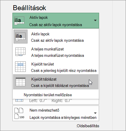 Kijelölt táblázat nyomtatása