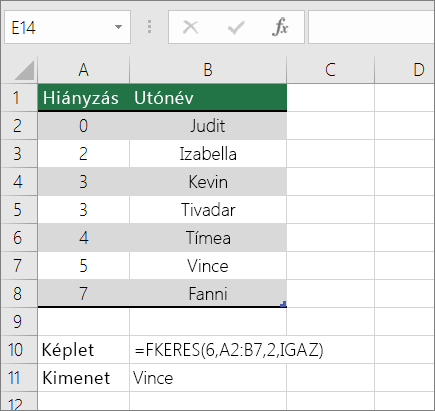 Példa az FKERES függvény közelítő egyezést kereső képletére