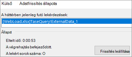 Külső adatok frissítésének állapota párbeszédpanel