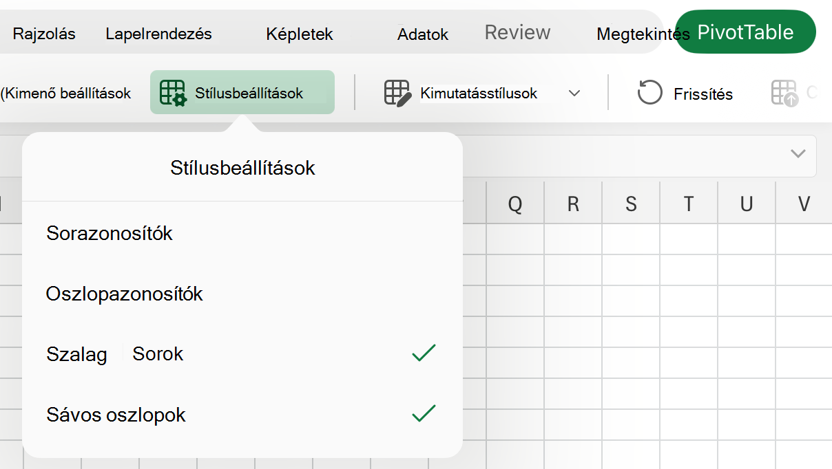Stílusbeállítások legördülő lista az iPaden