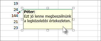 Megjegyzésmező áthelyezése vagy átméretezése annak szélére kattintva