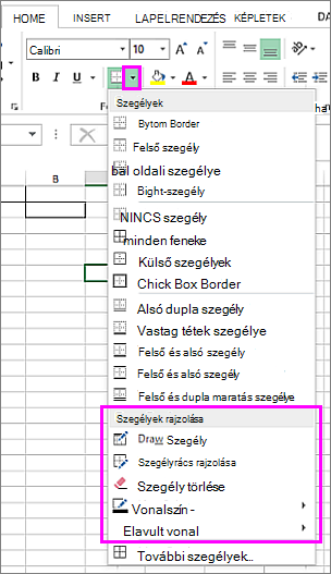 Szegélyek legördülő menüje a választható szegélybeállításokkal