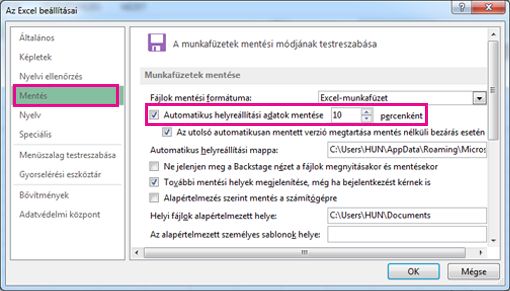 Mentés pont Az Excel beállításai párbeszédpanelen