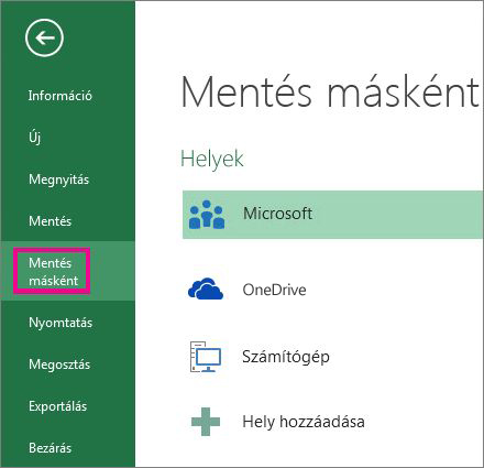 A Fájl lap Mentés másként parancsa