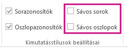 Sávos sorok és Sávos oszlopok jelölőnégyzet a Tervezés lapon